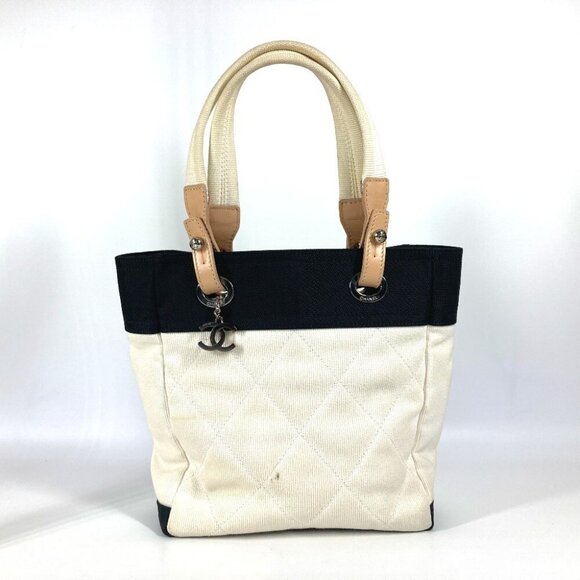 CHANEL A34208 CC Mark Paris Biarritz PM Tote Bag Shoulder Bag Canvas White/Black - Picture 1 of 14